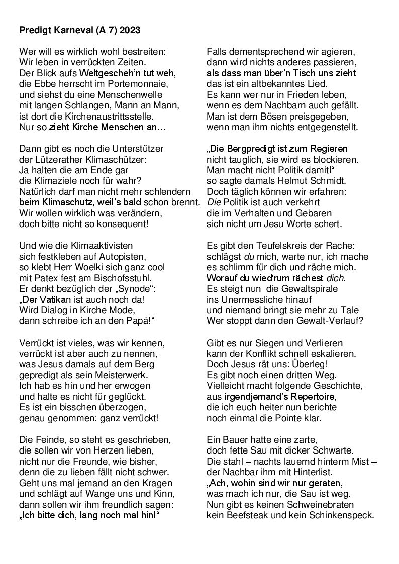 Predigt Karneval 1 2023